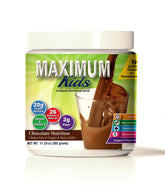 Maximum Kids powder mix label highlights organic ingredients for growing children.