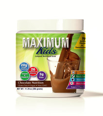 Maximum Kids powder mix label highlights organic ingredients for growing children.
