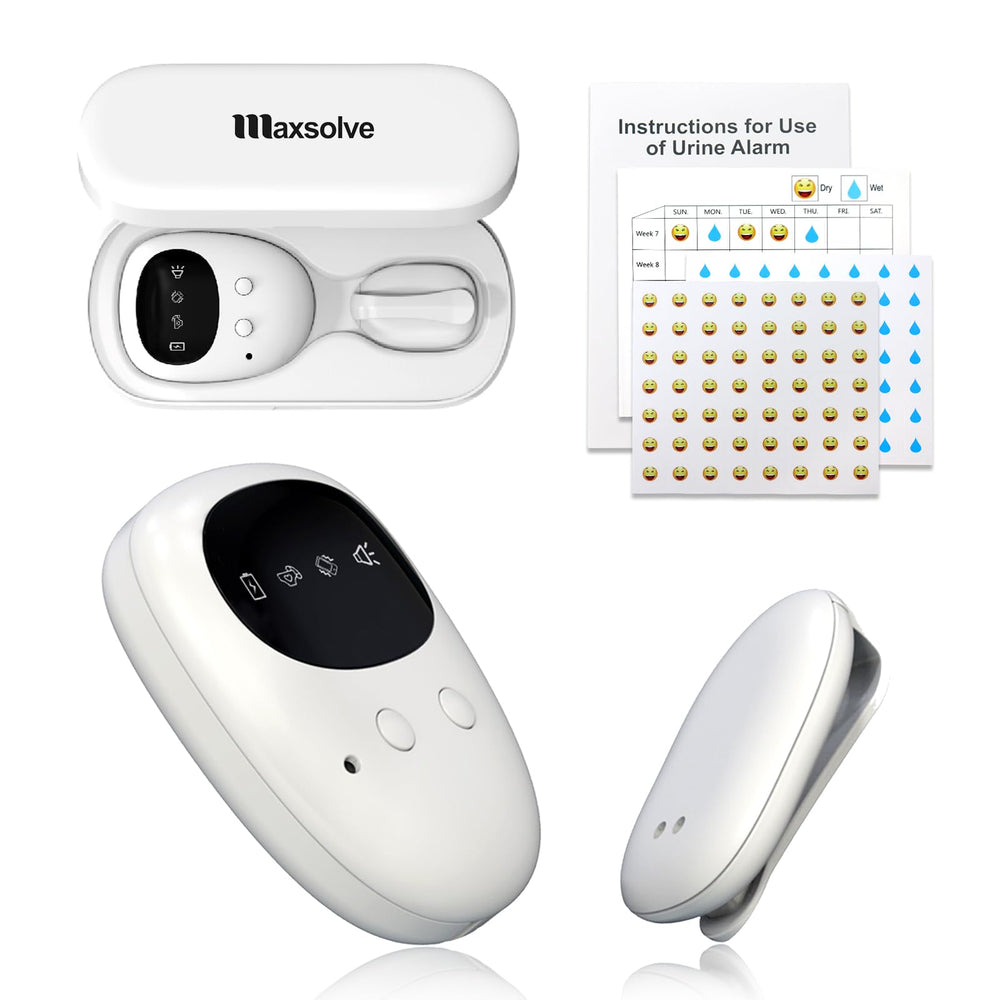 Maxsolve bedwetting alarm transmitter clip provides wireless alerts during sleep.