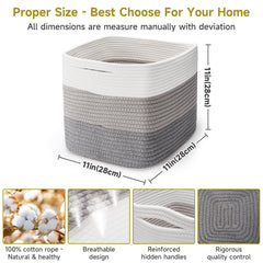 Maxuni 11-inch square basket in natural cotton rope, sturdy and pet-safe for bathroom or living room.