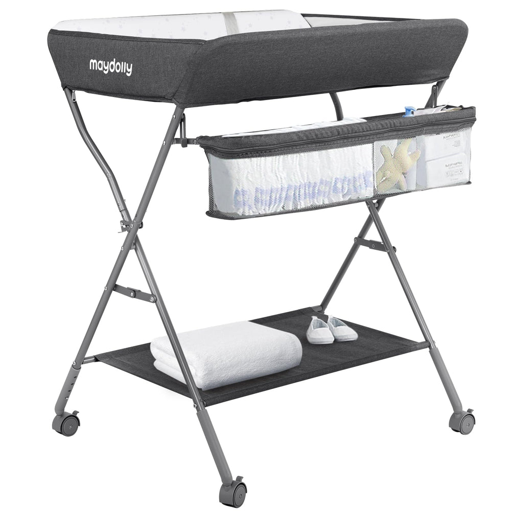 Maydolly baby changing table with wheels for easy mobility during diaper changes.