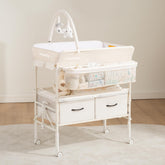 Maydolly changing table with wheels in beige, showing mobility for easy room-to-room diaper changes