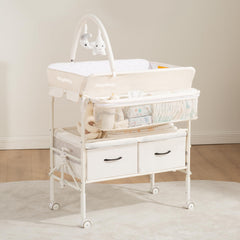 Maydolly changing table with wheels in beige, showing mobility for easy room-to-room diaper changes