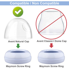 Maymom dome cap close-up on Avent Natural bottle shows smooth edge quality