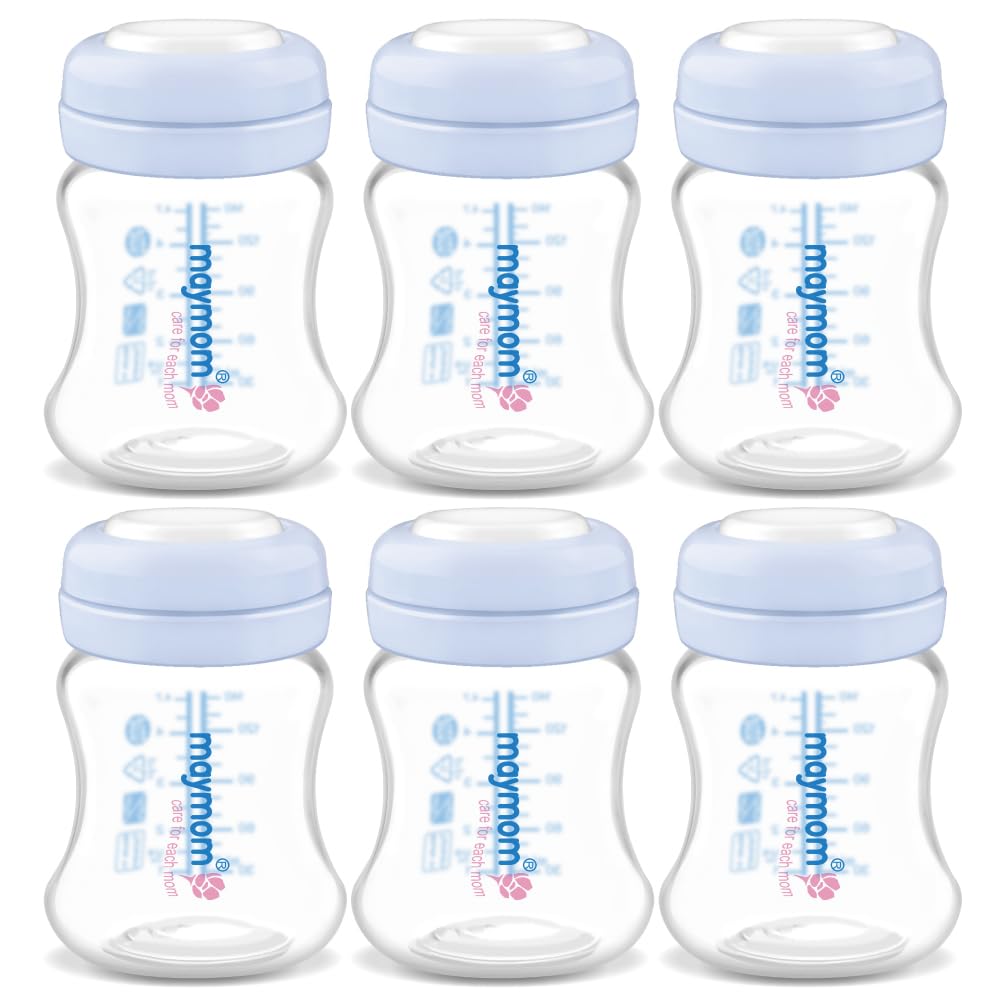 Maymom wide-mouth collection bottle 6-pack for organized milk storage at home.
