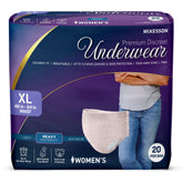 McKesson Premium Discreet Underwear packaging highlighting heavy absorbency for overnight protection