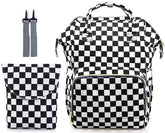 MCWTH checkered diaper bag front insulated bottle pocket keeps bottles warm or cool on the go.