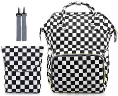 MCWTH checkered diaper bag front insulated bottle pocket keeps bottles warm or cool on the go.