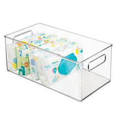mDesign deep bin organizer with handles keeps nursery essentials neatly accessible