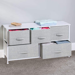 mdesign five-drawer gray and white unit keeps clothes neatly organized.