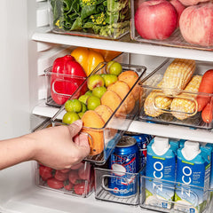 mdesign long storage bin stacked in fridge door for compact organization.