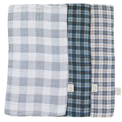 Mebie Baby burp cloth plaid muslin set shown in soft hues protecting outfits from spit-up.