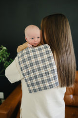 Mebie Baby burp cloth plaid muslin set as multi-use care essentials for cheeks and bibs.