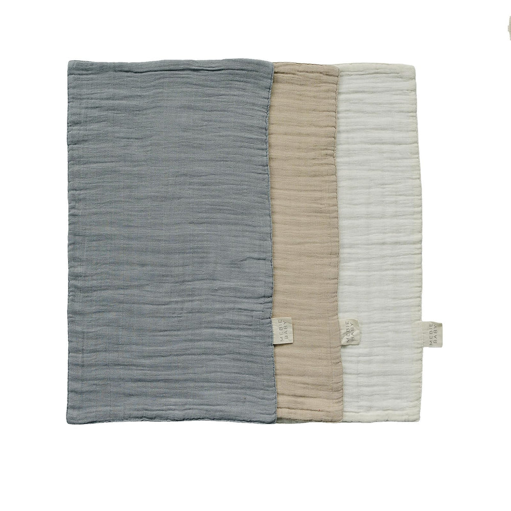 Mebie Baby burp cloths in dusty blue print protect baby outfits from spit-up.