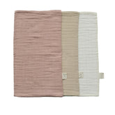 Mebie Baby Burp Cloths in Dusty Rose 3-Pack on soft muslin for spit-up and drool.