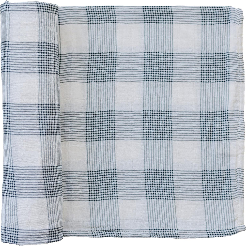 Mebie Baby Coastal Plaid Swaddle front view with breathable muslin fabric for comfort.
