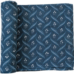 Mebie Baby Navy Berry Swaddle folded, a soft muslin blanket for secure newborn swaddling.