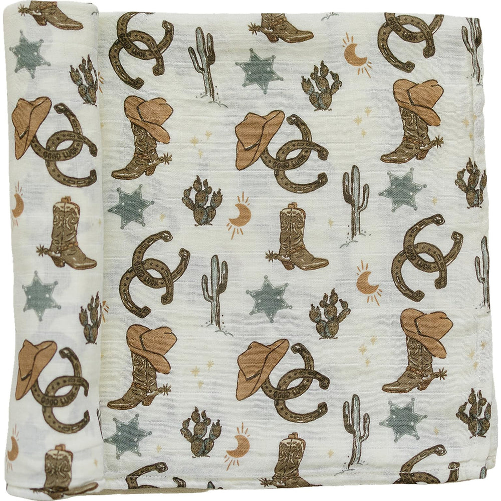 Mebie Baby Outlaw Cowboy Swaddle in soft muslin for newborn comfort.