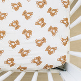 Mebie Baby Teddy Bear Muslin Sheet close-up shows soft, breathable fabric for naps.