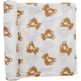 Mebie Baby Teddy Bear Muslin Swaddle close-up shows soft, breathable fabric for cozy baby moments.