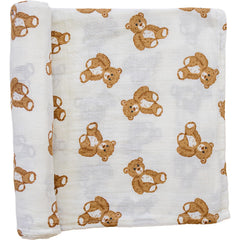 Mebie Baby Teddy Bear Muslin Swaddle close-up shows soft, breathable fabric for cozy baby moments.