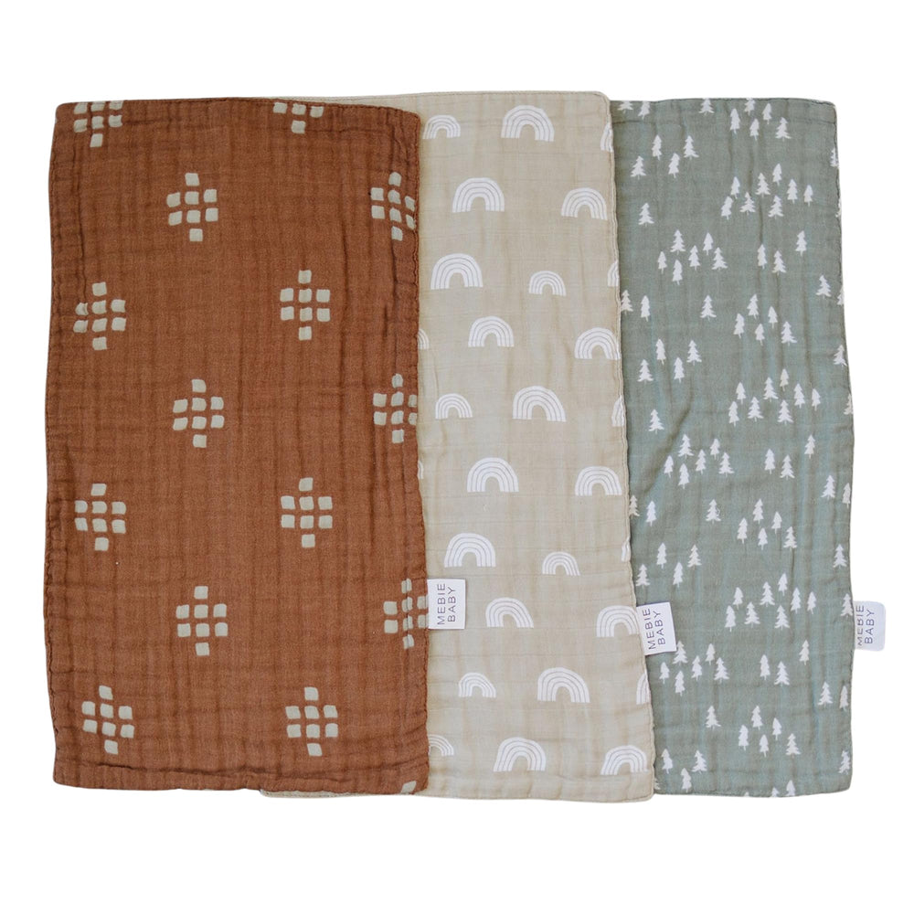 Mebie Baby Woods print burp cloth folded for travel use