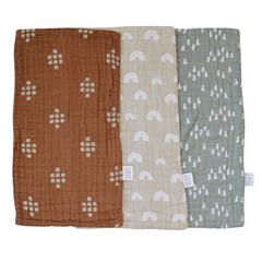 Mebie Baby Woods print burp cloth folded for travel use