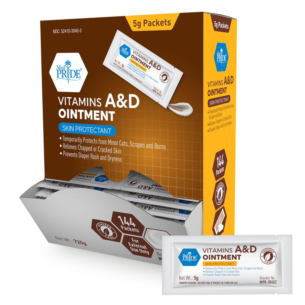 MED PRIDE vitamins A&D ointment packets front view for gentle skin protection.