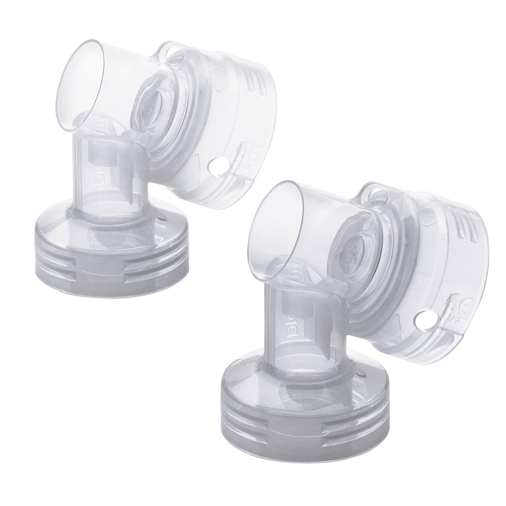 Medela PersonalFit Connectors side view showing compact design for comfortable expression.