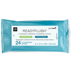 Medline ReadyFlush wipes pack shown with resealable lid for on-the-go care.