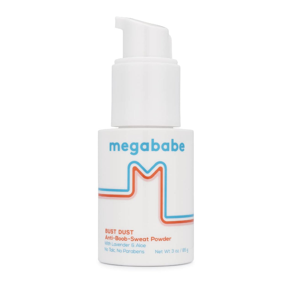 Megababe Bust Dust with pump top view showing talc-free powder for sweat absorption all day