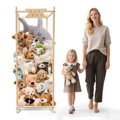 Megapuxin stuffed animal storage zoo on wheels keeps plush toys organized and reachable.