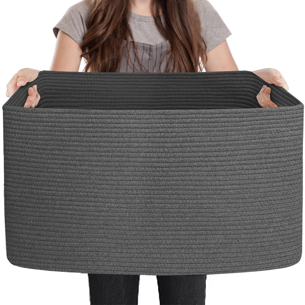 MEGASKET extra-large rope basket rectangle front view highlighting sturdy storage for laundry