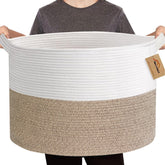 MEGASKET large rope storage basket holds blankets in living room for easy access.