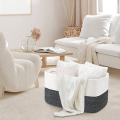 MEGASKET rectangle baby-friendly basket in cream and black stripe blends with decor.