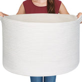 MEGASKET white cotton rope basket, front view, ideal blanket storage