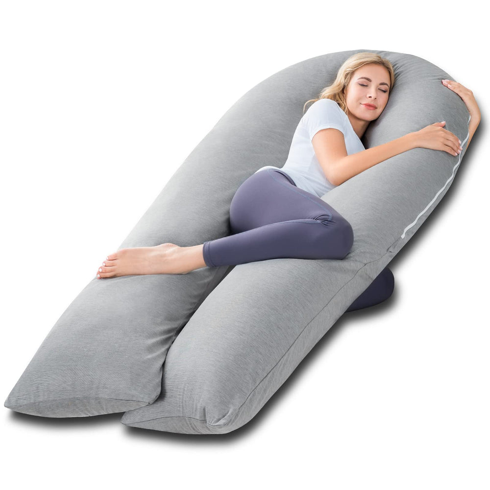Meiz pregnancy pillow with cooling silk cover shown in full view for night comfort.