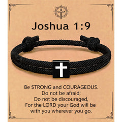Meliatomia baptism cross bracelet for boys with blessing card in a gift-ready blue box.