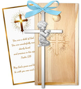 Meliatomia praying cross 6in boy detail showcases durable baptism keepsake