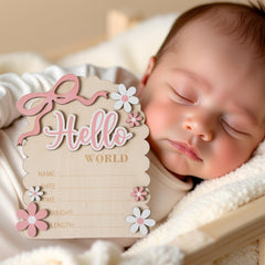 MEMOLEBIA Hello World baby announcement sign tabletop display for photos.