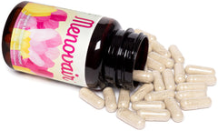 Menovair bottle with glass shows premium menopause supplement.