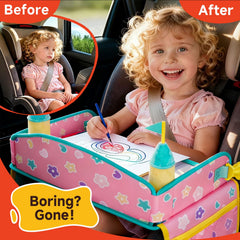 Foldable travel tray with side pockets for snacks and crayons