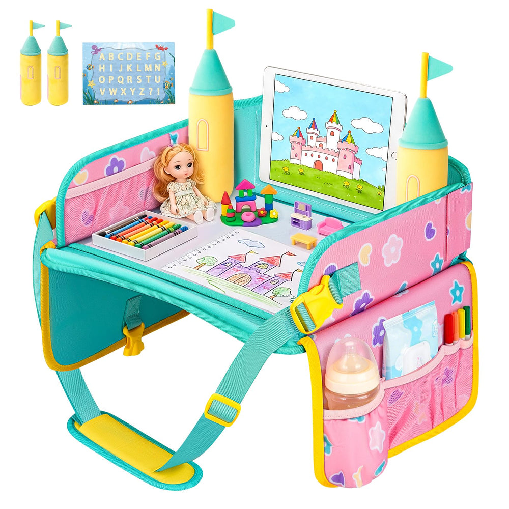 MENZOKE carseat tray with castle toys keeps toddlers engaged during car rides
