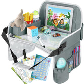 MENZOKE kids travel tray on car seat provides a stable surface for activities.