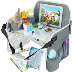 MENZOKE kids travel tray on car seat provides a stable surface for activities.