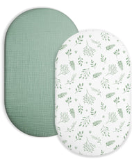 Meowcards bassinet sheet 2-pack pack-shot highlighting soft muslin for gentle sleep