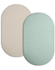 Meowcards bassinet sheet beige-sage rectangle; snug fit for a cozy sleeping surface.