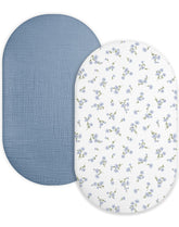 Meowcards bassinet sheet Bluebell Bloom shows soft, breathable muslin for safe sleep.