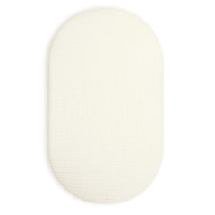 Meowcards bassinet sheet cream muslin texture close-up for breathable baby sleep