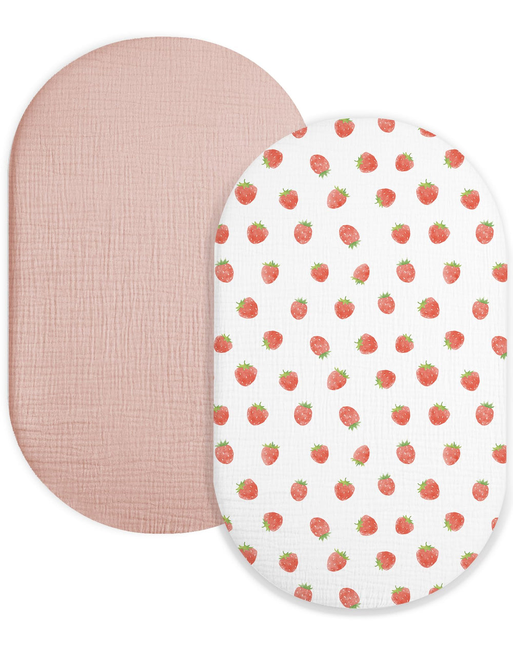 Meowcards bassinet sheet in strawberry and pale pink, soft muslin for gentle baby sleep.